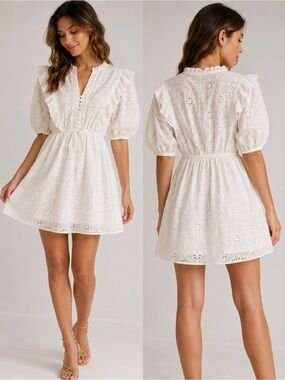 Miou Muse Large White Cotton Eyelet Milkmaid Mini Dress Fully Lined Cottagecore
